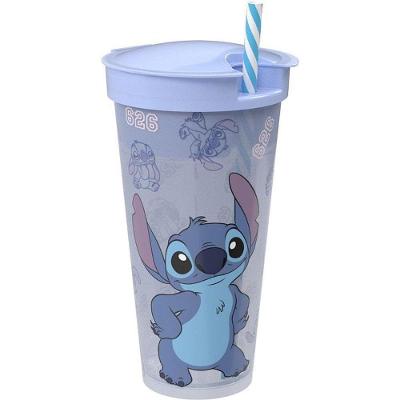 Copo Decorado Stitch 2 em 1 Tampa e Canudo 540ML Plástico Plasútil