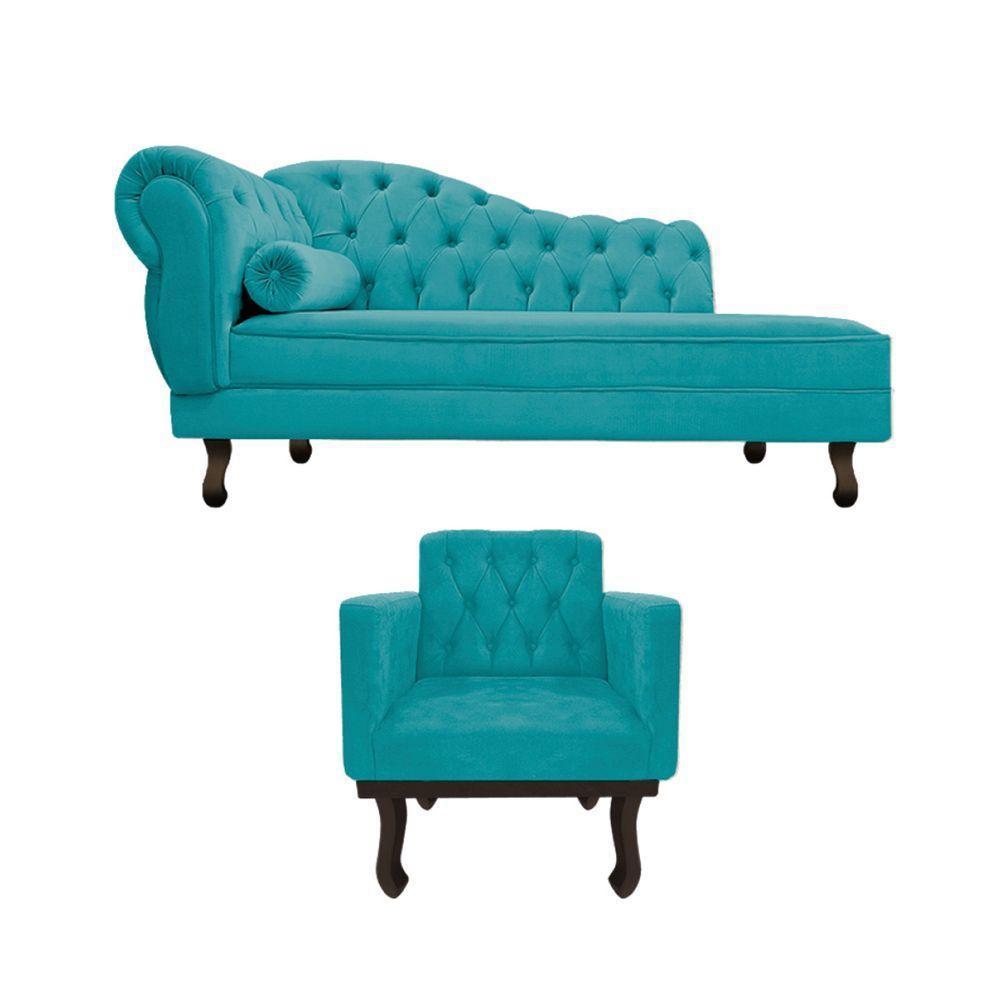 Kit Diva Recamier Diana 130Cm Lado Direito E 01 Poltrona Suede - Doce Sonho Móveis Azul Turquesa - 7