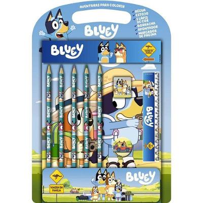 Kit Livro de Colorir Infantil Bluey Aventuras com Kit Escolar Azul Editora Online