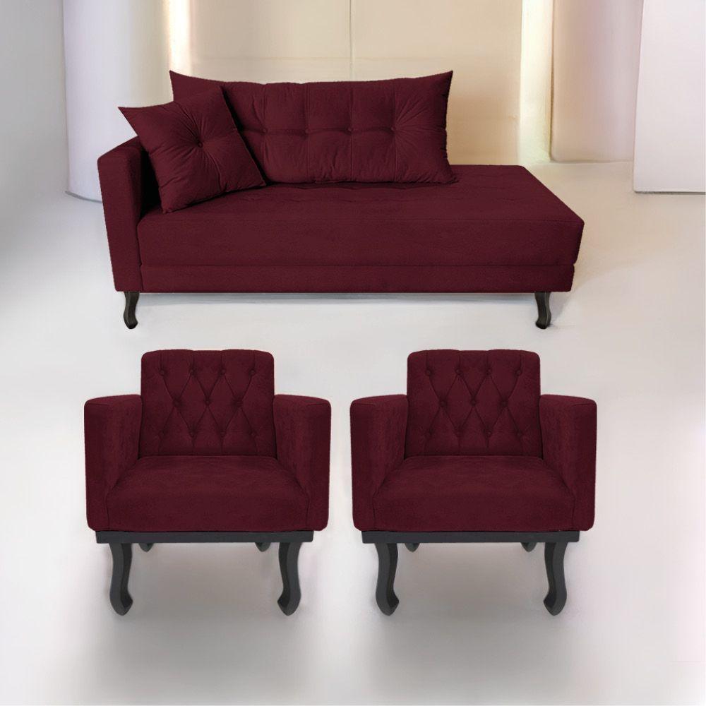 Kit Diva Recamier Azura 185Cm Lado Direito E 02 Poltronas Classic Suede - Doce Sonho Móveis Bordô - 1