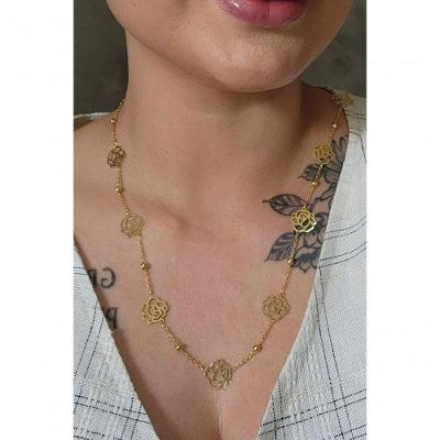 Colar Longo Floratta Joias Bolinha e Flor Ouro 18K 75CM Dourado Feminino