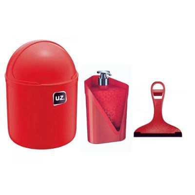 Kit Pia 3 Peças Lixeira Porta Detergente Rodinho Plástico Vermelho UZ