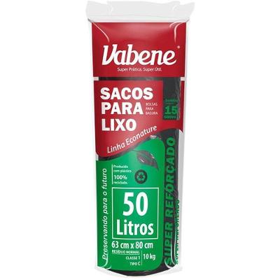 Saco para Lixo 50L Preto 63x80cm 40 Micras Rolo 15 Unidades Vabene