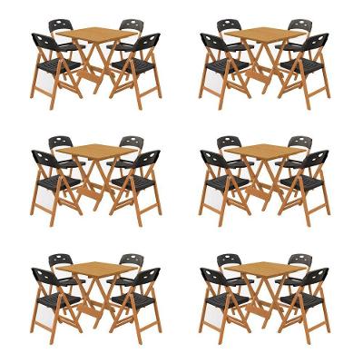 Conjunto 6 Mesas Dobráveis Elegance 4 Lugares MDF com Cadeiras Polipropileno Preto Mega Madeira