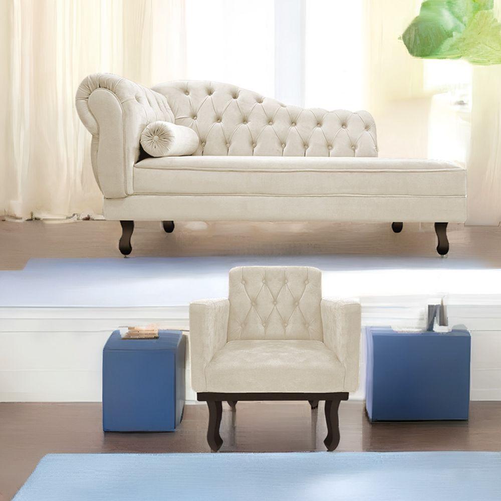 Kit Diva Recamier Diana 130Cm Lado Direito E 01 Poltrona Classic Suede - Doce Sonho Móveis Bege - 1