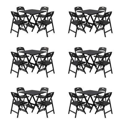 Kit 6 Mesas Dobráveis Elegance 70x70 Tampo MDF com 4 Cadeiras Preto