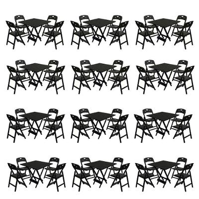 Kit 12 Mesas Dobráveis Elegance 4 Lugares Tampo 8 Ripas Cadeiras Base Preto 70x70 Mega Madeira