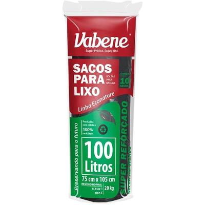 Saco para Lixo 100L Plástico Preto 75x105cm 40 Micras Rolo 10 Unidades Vabene