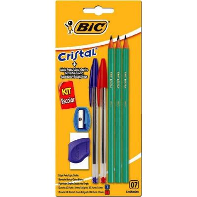 Kit Escolar BIC com 7 Peças Canetas Lápis Borracha e Apontador