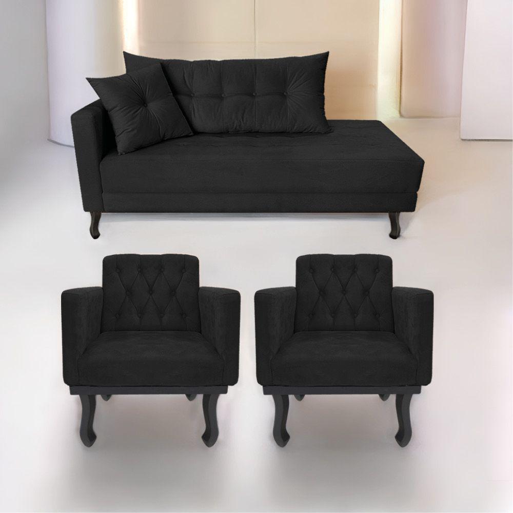 Kit Diva Recamier Azura 185Cm Lado Direito E 02 Poltronas Classic Suede - Doce Sonho Móveis Preto - 1