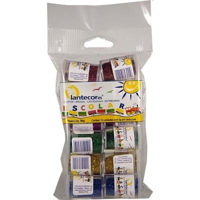 Kit Escolar Glitter PVC Lantecor 6 Cores 12 Potes de 3g