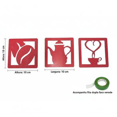 Kit 3 Placas Decorativas Cantinho do Café 10x10CM MDF Fita Dupla Face Vermelho