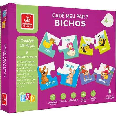Quebra-cabeça Madeira Cadê Meu Par Bichos 18 Peças Educativo