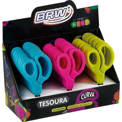 Tesoura Escolar BRW Curva Aço Inoxidável 13cm Display com 24 Neon
