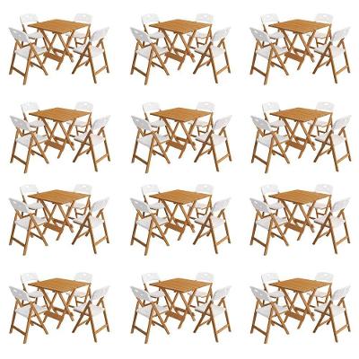 Kit 12 Mesas Dobráveis Elegance 4 Lugares Tampo Madeira 70x70 com Cadeiras Natural Assento