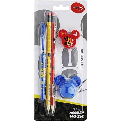 Kit Escolar Molin do Brasil Mickey 1 Caneta 2 Lápis Borracha Apontador