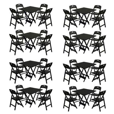 Kit 8 Mesas Dobráveis Elegance 70x70 8 Ripas Madeira com 4 Cadeiras Base Preto Mega Madeira
