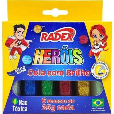 Cola com Glitter Radex Tubo 25g 6 Cores Estojo Escolar