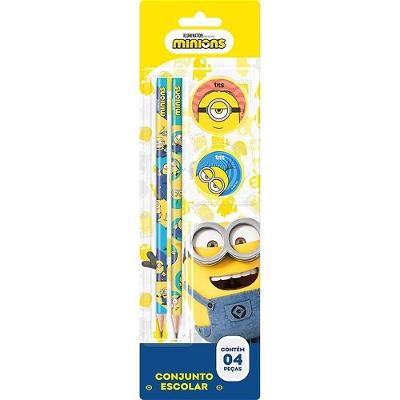 Kit Escolar Summit Minions 2 Lápis HB Apontador e Borracha Blister Amarelo