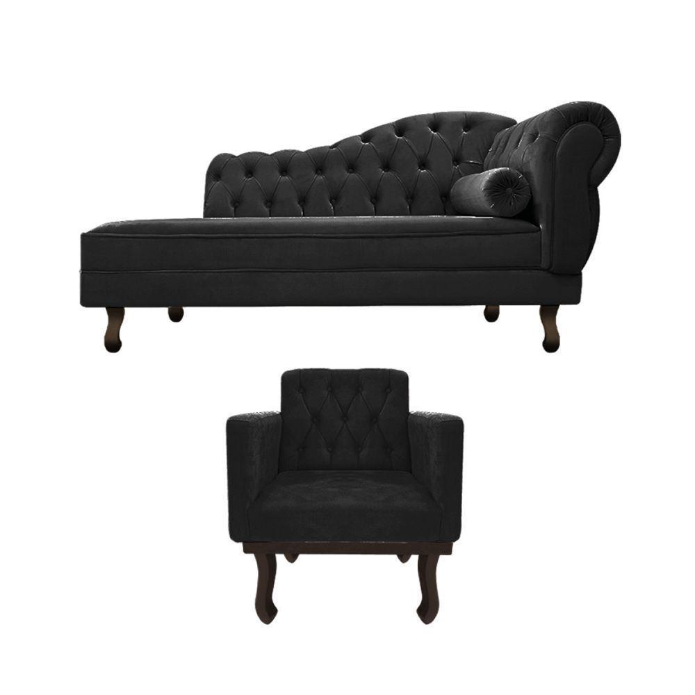 Kit Diva Recamier Diana 130Cm Lado Esquerdo E 01 Poltrona Classic Suede - Doce Sonho Móveis Preto - 7