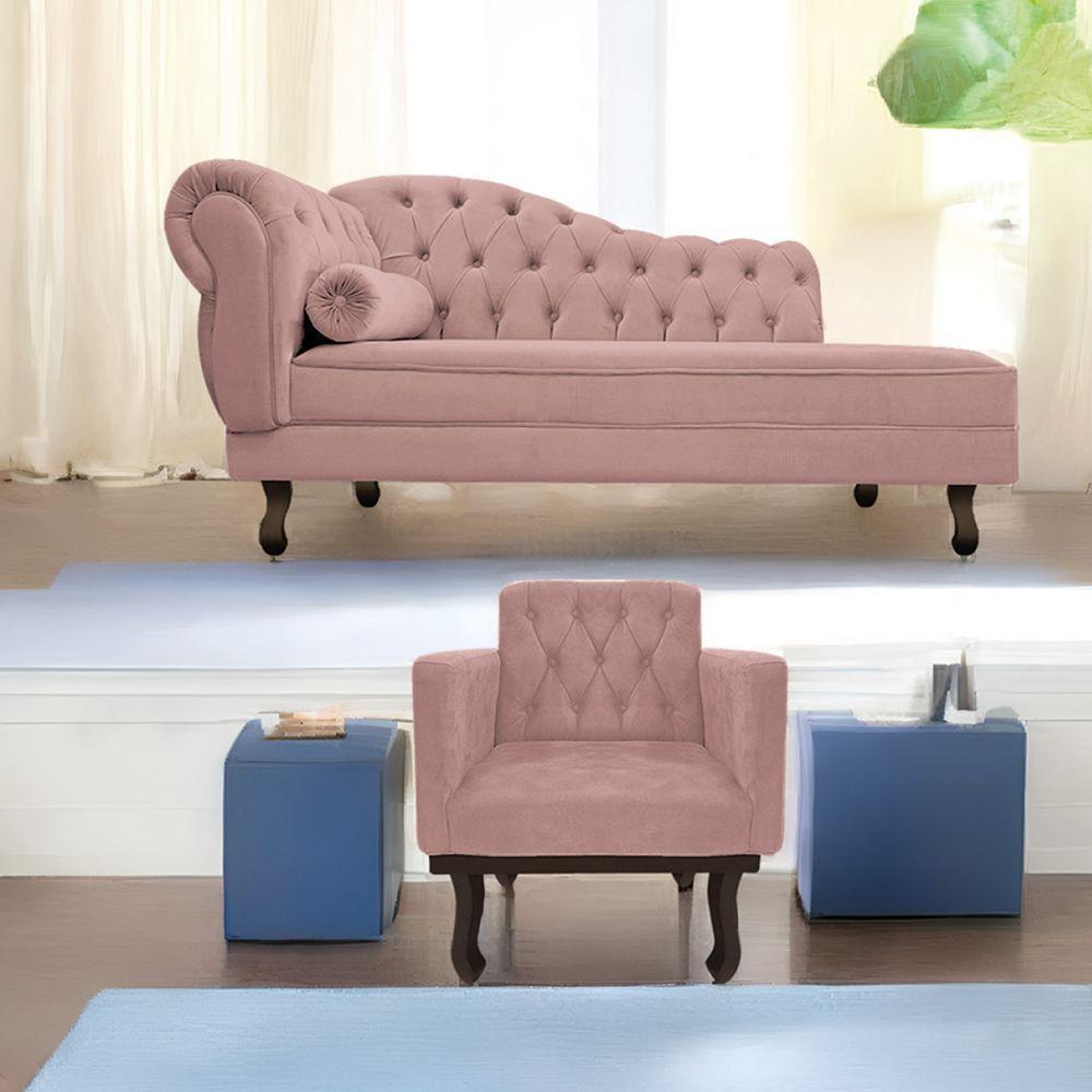 Kit Diva Recamier Diana 140Cm Lado Direito E 01 Poltrona Classic Linho - Doce Sonho Móveis Rosê - 1