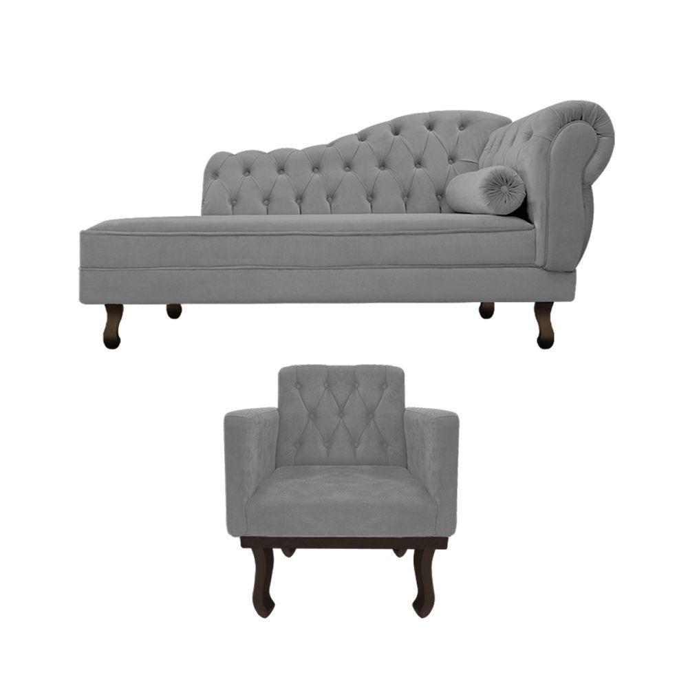 Kit Diva Recamier Diana 140Cm Lado Esquerdo E 01 Poltrona Classic Suede - Doce Sonho Móveis Cinza - 6