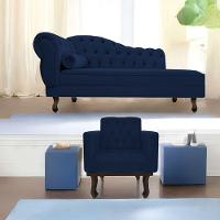 Kit Diva Recamier Diana 140Cm Lado Direito E 01 Poltrona Suede - Doce Sonho Móveis Azul Marinho - 1