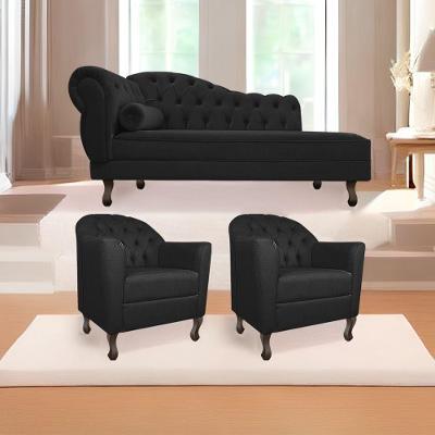 Kit Diva Recamier Diana 140Cm Lado Direito E 02 Poltronas Julia Suede - Doce Sonho Móveis Preto