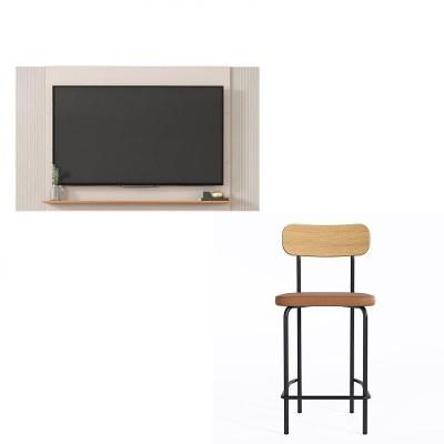 Kit Painel para TV 65" 180cm Jace com Banco Alto Student Bege e Caramelo Caemmun Móveis