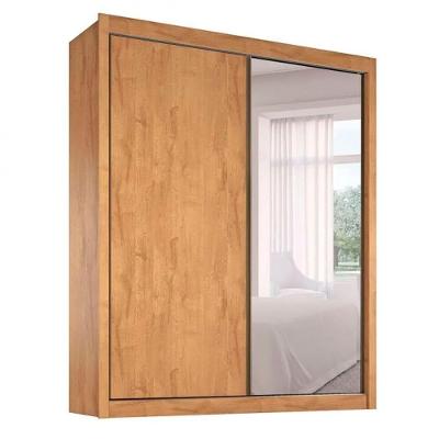 Guarda Roupa Solteiro Zurique 2 Portas de Correr com Espelho MDF Amêndoa e Off White Móveis Europa