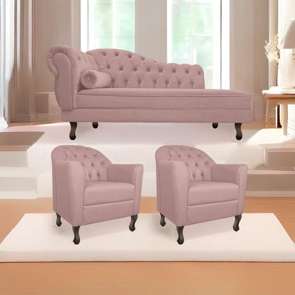 Kit Diva Recamier Diana 140Cm Lado Direito E 02 Poltronas Julia Linho - Doce Sonho Móveis Rosê - 1