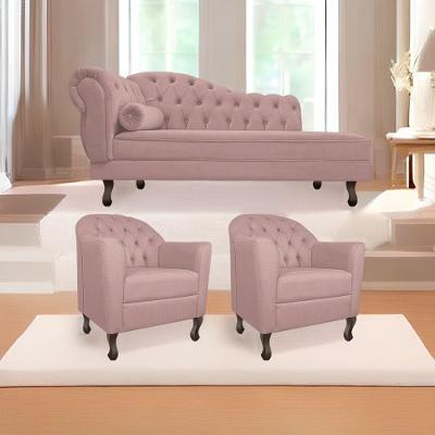 Kit Diva Recamier Diana 140Cm Lado Direito E 02 Poltronas Julia Linho - Doce Sonho Móveis Rosê