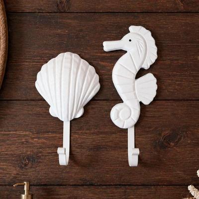 Porta Toalha de Parede Cabideiro Decorativo Kit 2 Peças Concha e Cavalo Marinho Branco