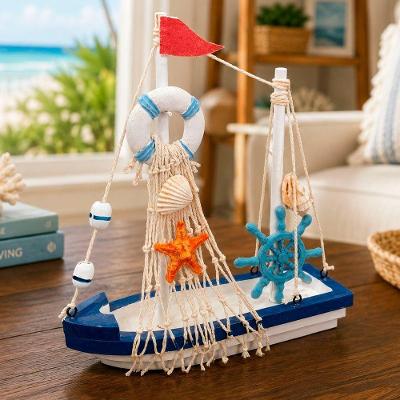Miniatura Decorativa Barco Navio Madeira Temática Náutica Branco Artesanal