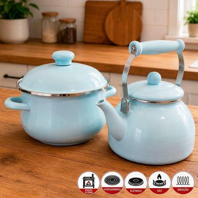 Panela Caçarola 3,6L e Chaleira 2,5L Aco Inox Esmaltado Grafite Kit Cozinha