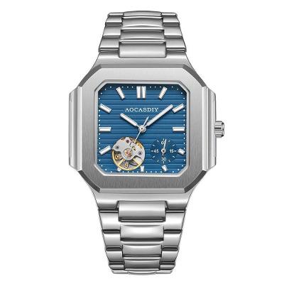 Relógio Mecânico Masculino Quadrado Vazado Trendy Aço Inox Azul