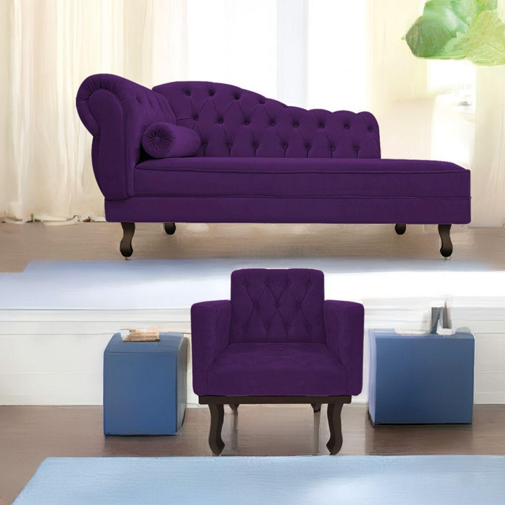Kit Diva Recamier Diana 160Cm Lado Direito E 01 Poltrona Classic Suede - Doce Sonho Móveis Roxo - 1