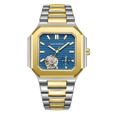 Relógio Mecânico Masculino Quadrado Vazado Trendy Analógico Dourado