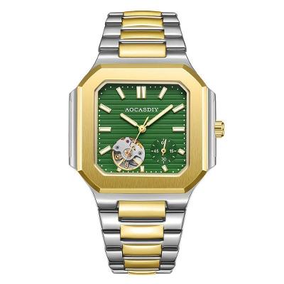 Relógio Mecânico Masculino Quadrado Vazado Trendy Aço Inox Amarelo