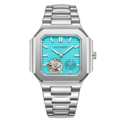 Relógio Mecânico Masculino Quadrado Vazado Trendy Aço Inox Azul Prateado
