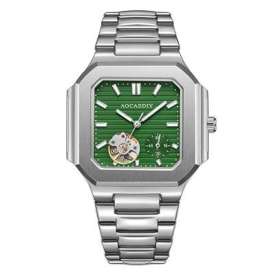 Relógio Mecânico Masculino Quadrado Vazado Trendy Aço Inox Verde
