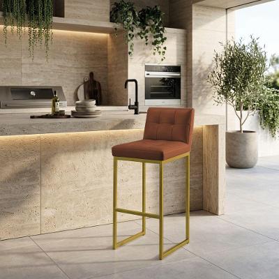 Banqueta Alta Encosto Industrial Lirina Assento PU Base Fixa Nozes D'Rossi