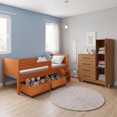 Quarto Infantil Luna Plus com Cama Comoda e Baus MDP MDF Nature e Savana Conffort Casa