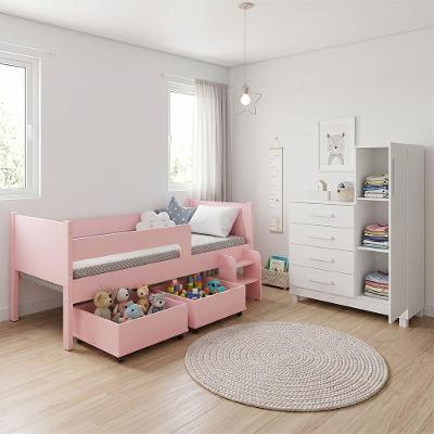 Quarto Infantil Luna Plus com Cama e Cômoda MDP MDF Rosa e Branco Conffort Casa