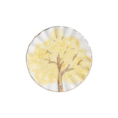 Prato de Sobremesa Ipê Amarelo Filete Dourado Floral Sofisticado Amarelo Cerâmica Scalla