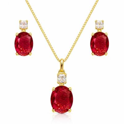 Conjunto Colar e Brincos Atraktiva Jóias Zircônio Oval Banhado a Ouro 18k Dourado