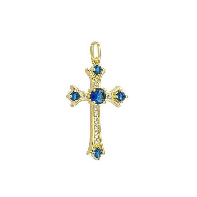 Pingente Crucifixo Atraktiva Jóias Ouro 18k Zircônias Azuis 3,5CM Dourado