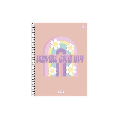 Caderno Universitário Feminino Never Give Up 80 Folhas Espiral com Capa Motivacional Rosa