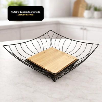 Fruteira Quadrada Ecowood 25cm em Aco e Madeira para Frutas Ventilacao Eficiente Preto Thika
