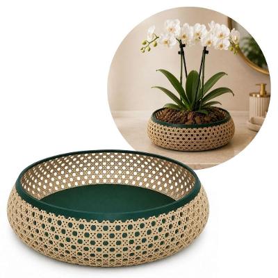 Vaso Cachepot Redondo Baixo Rústico Palhinha Treliça 23CM Bege Mundial Casa